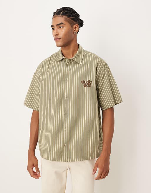 ASOS DESIGN regular shirt in khaki stripe with chest embroidery