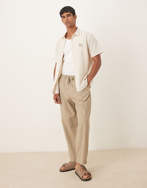 ASOS DESIGN Regular Shirt With Chest Embroidery In Beige
