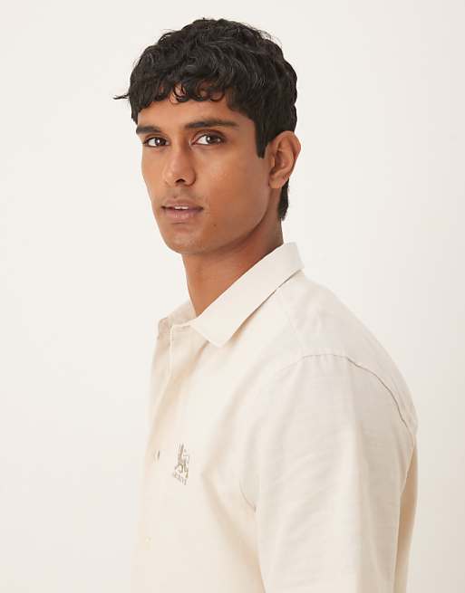 ASOS DESIGN Regular Shirt With Chest Embroidery In Beige