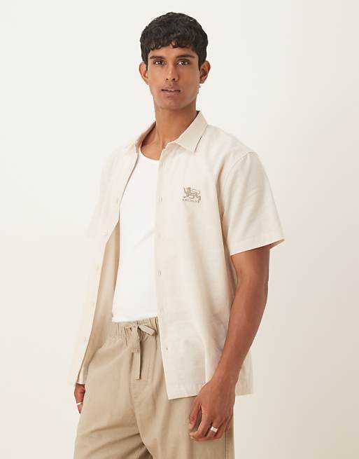 ASOS DESIGN regular shirt with chest embroidery in beige