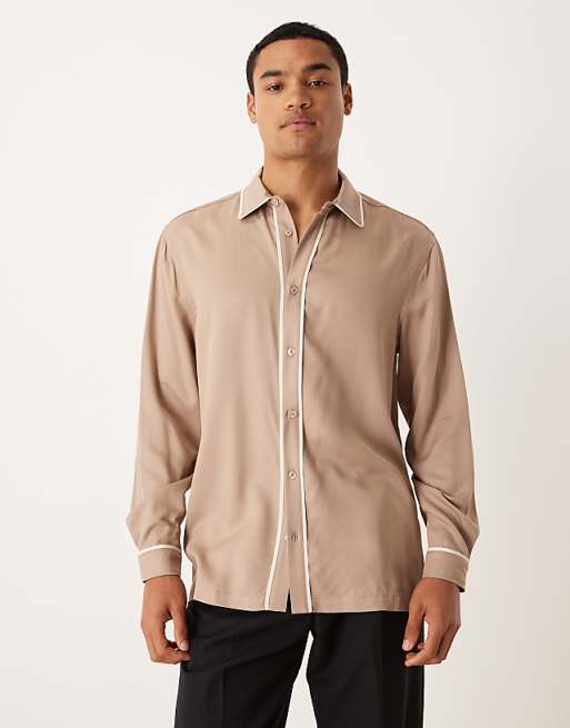ASOS DESIGN regular shirt with contrast piping detail in brown