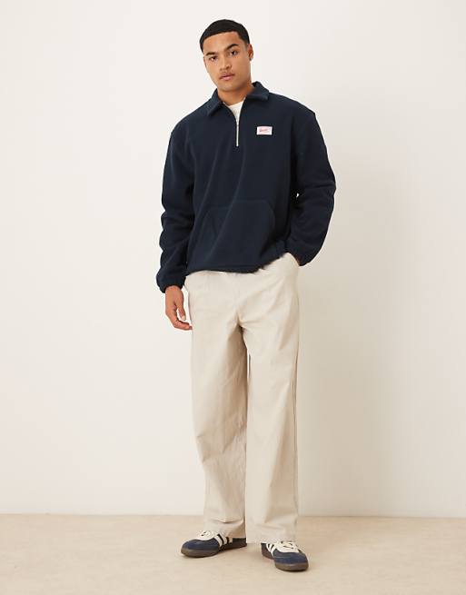 ASOS DESIGN Relaxed 3/4 Length Sleeve Fleece Sweatshirt With Woven Label In Navy