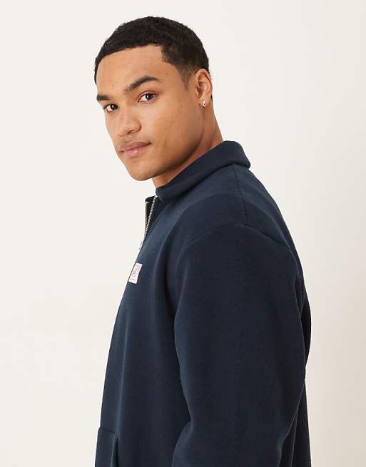 ASOS DESIGN Relaxed 3/4 Length Sleeve Fleece Sweatshirt With Woven Label In Navy
