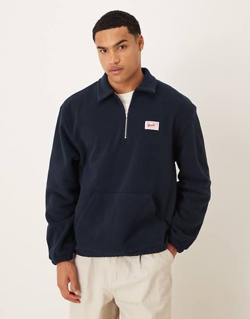 ASOS DESIGN relaxed 3/4 length sleeve fleece sweatshirt with woven label in navy