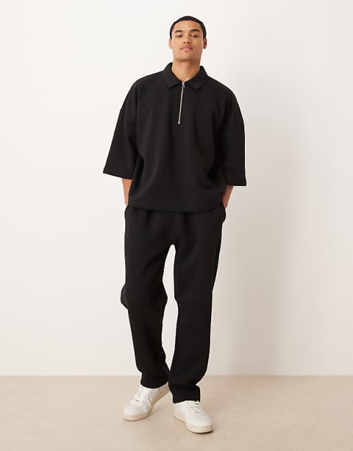 ASOS DESIGN Relaxed 3/4 Sleeve Quarter Zip Sweatshirt With Collar In Black