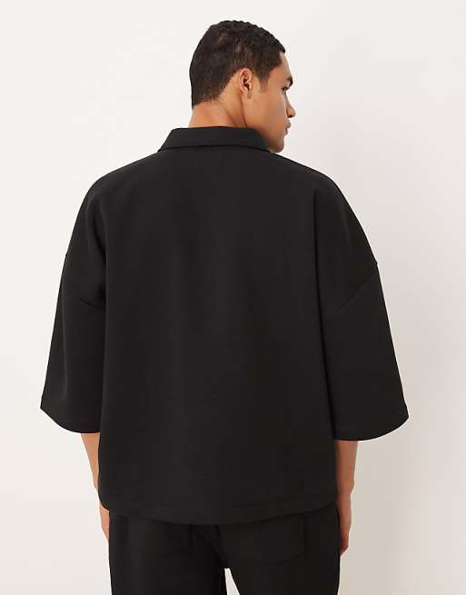 ASOS DESIGN Relaxed 3/4 Sleeve Quarter Zip Sweatshirt With Collar In Black