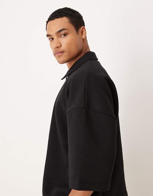 ASOS DESIGN Relaxed 3/4 Sleeve Quarter Zip Sweatshirt With Collar In Black