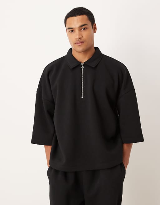 ASOS DESIGN relaxed 3/4 sleeve quarter zip sweatshirt with collar in black