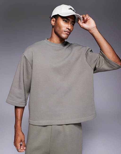 ASOS DESIGN relaxed 3/4 sleeve sweatshirt in khaki