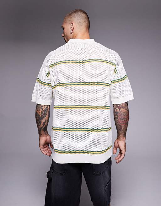 ASOS DESIGN Relaxed Airtex Stripe Knitted Polo In Cream
