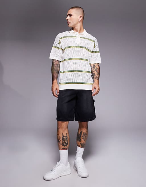 ASOS DESIGN Relaxed Airtex Stripe Knitted Polo In Cream