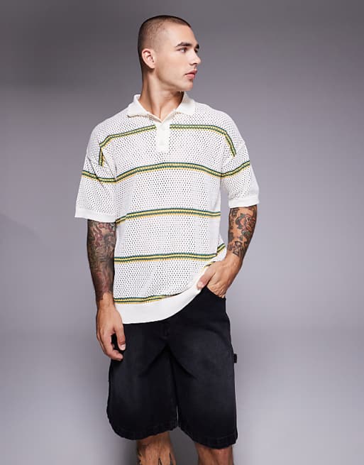 ASOS DESIGN relaxed airtex stripe knitted polo in cream