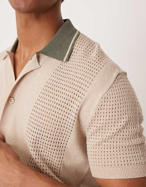 ASOS DESIGN Relaxed Boxy Button Through Knitted Polo With Contrast Collar In Beige