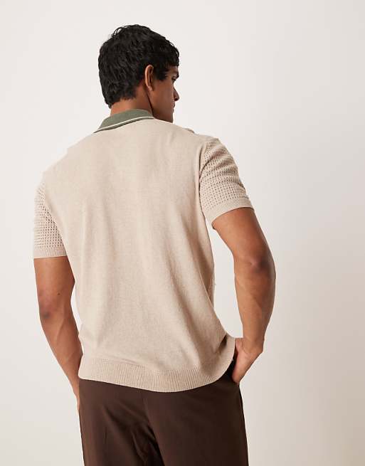 ASOS DESIGN Relaxed Boxy Button Through Knitted Polo With Contrast Collar In Beige