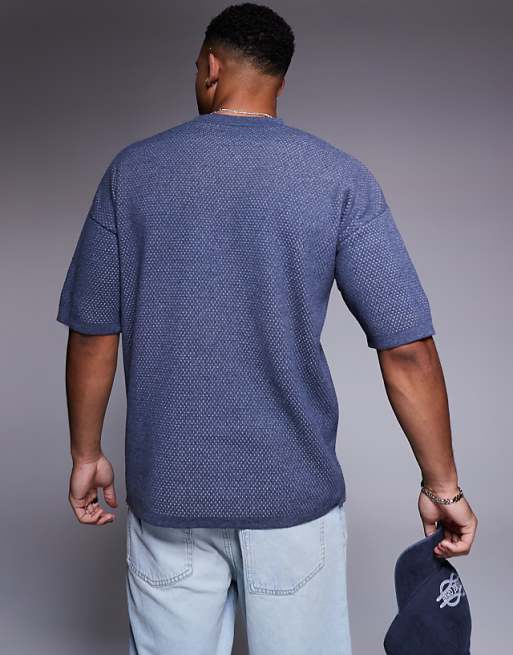 ASOS DESIGN Relaxed Boxy Fit Airtex Knitted T-shirt With 90 Graphic In Navy