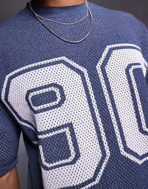 ASOS DESIGN Relaxed Boxy Fit Airtex Knitted T-shirt With 90 Graphic In Navy