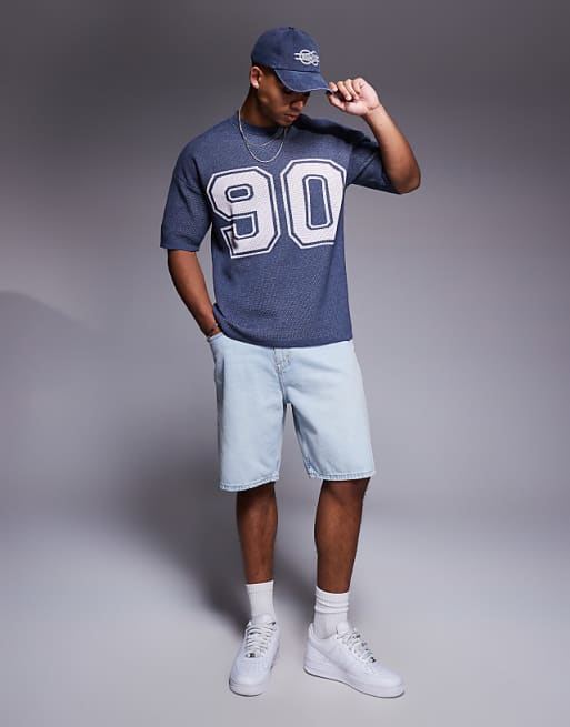 ASOS DESIGN Relaxed Boxy Fit Airtex Knitted T-shirt With 90 Graphic In Navy