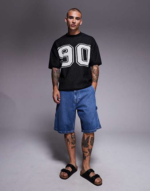 ASOS DESIGN Relaxed Boxy Fit Airtex Knitted T-shirt With 90 Graphic In Black
