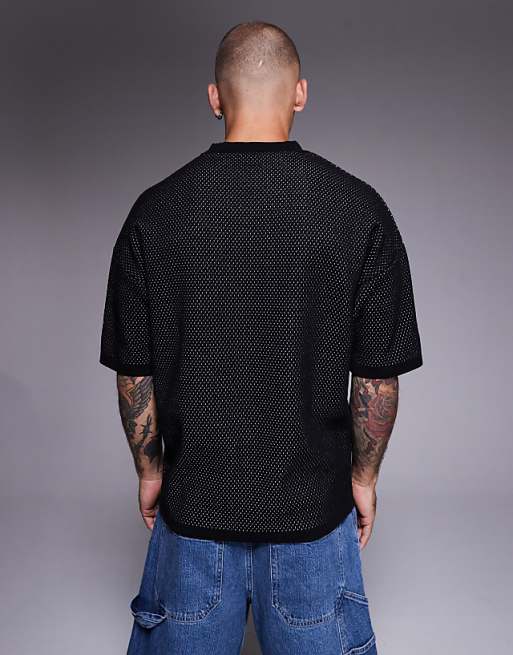 ASOS DESIGN Relaxed Boxy Fit Airtex Knitted T-shirt With 90 Graphic In Black