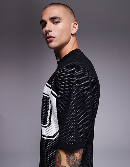 ASOS DESIGN Relaxed Boxy Fit Airtex Knitted T-shirt With 90 Graphic In Black