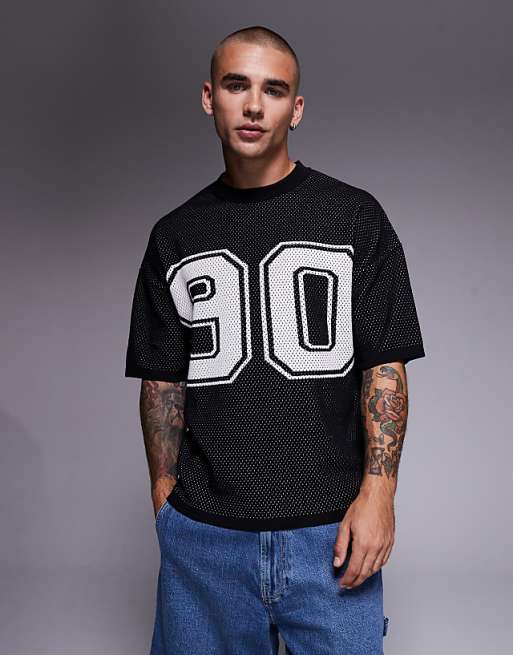 ASOS DESIGN relaxed boxy fit airtex knitted t-shirt with 90 graphic in black