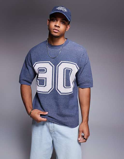 ASOS DESIGN relaxed boxy fit airtex knitted t-shirt with 90 graphic in navy