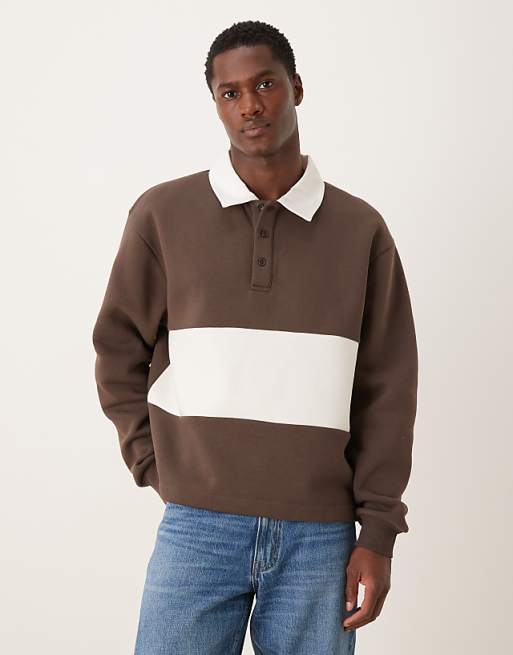 ASOS DESIGN relaxed boxy fit rugby polo sweatshirt in brown