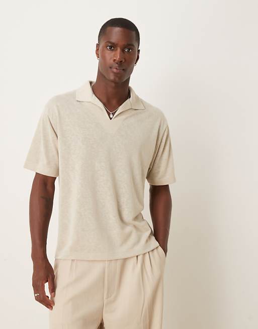 ASOS DESIGN relaxed boxy polo in beige linen look