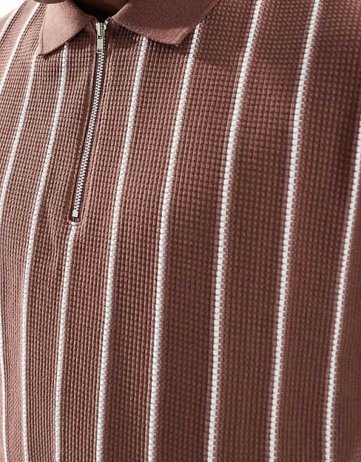 ASOS DESIGN Relaxed Boxy Striped Half Zip Polo In Brown And White