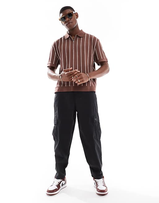 ASOS DESIGN Relaxed Boxy Striped Half Zip Polo In Brown And White