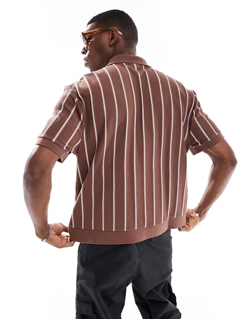 ASOS DESIGN Relaxed Boxy Striped Half Zip Polo In Brown And White