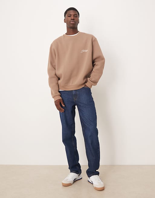 ASOS DESIGN Relaxed Boxy Sweatshirt With Chest Print In Beige