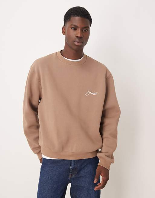 ASOS DESIGN relaxed boxy sweatshirt with chest print in beige
