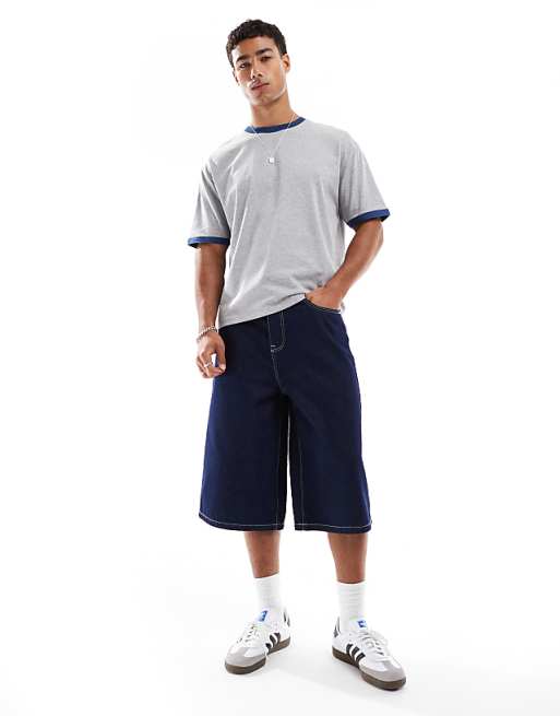 ASOS DESIGN Relaxed Boxy T-shirt With Navy Binding In Grey