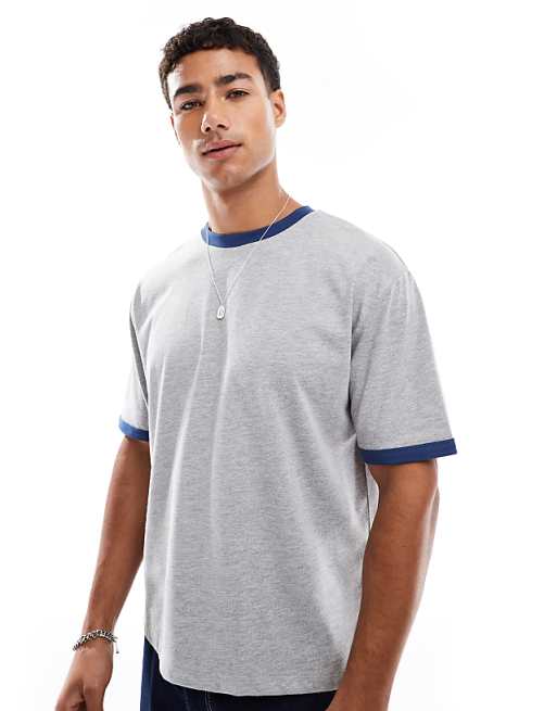 ASOS DESIGN relaxed boxy t-shirt with navy binding in grey