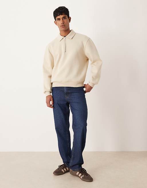 ASOS DESIGN Relaxed Boxy Zip Collared Sweatshirt In Beige