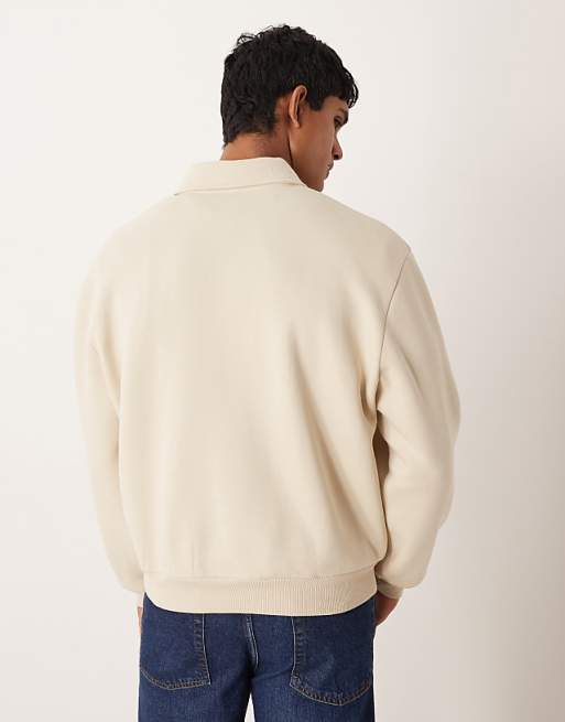 ASOS DESIGN Relaxed Boxy Zip Collared Sweatshirt In Beige
