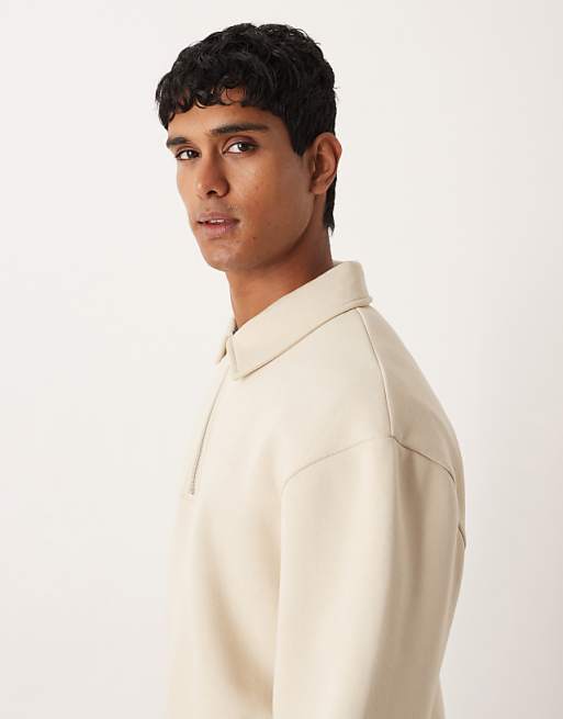 ASOS DESIGN Relaxed Boxy Zip Collared Sweatshirt In Beige