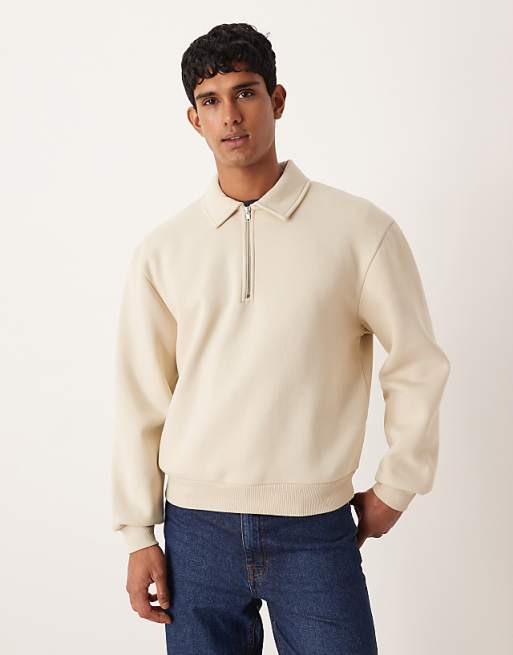 ASOS DESIGN relaxed boxy zip collared sweatshirt in beige