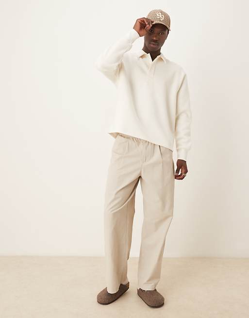 ASOS DESIGN Relaxed Button Up Polo Sweatshirt With Concealed Placet In Cream