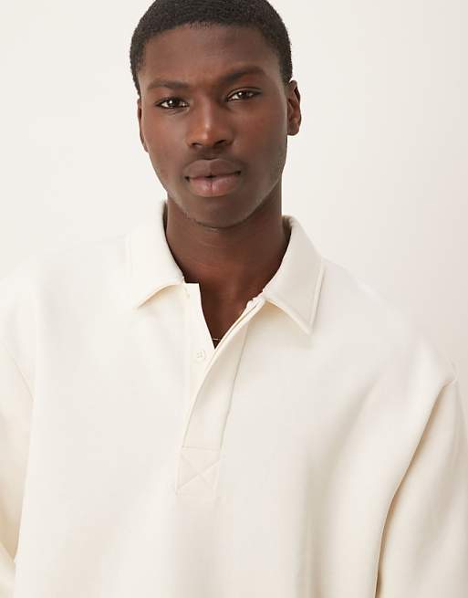 ASOS DESIGN Relaxed Button Up Polo Sweatshirt With Concealed Placet In Cream