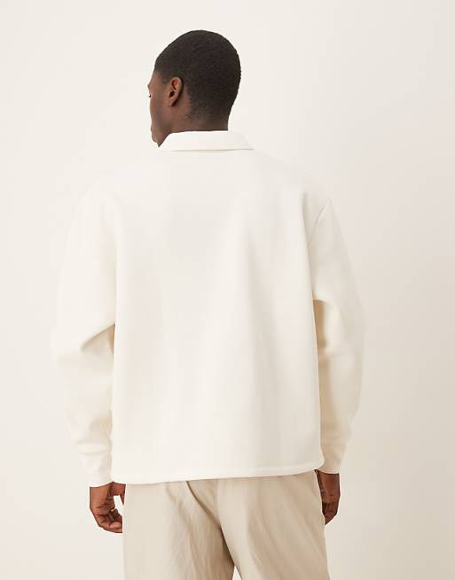 ASOS DESIGN Relaxed Button Up Polo Sweatshirt With Concealed Placet In Cream