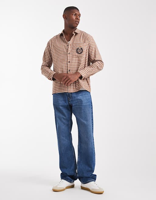 ASOS DESIGN Relaxed Check Shirt With Chest Embroidery In Brown