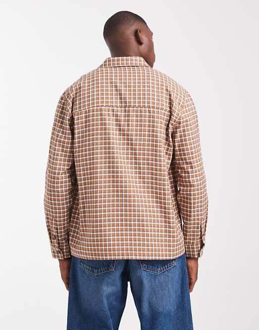 ASOS DESIGN Relaxed Check Shirt With Chest Embroidery In Brown