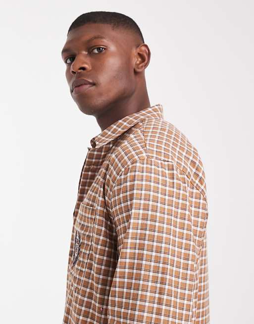 ASOS DESIGN Relaxed Check Shirt With Chest Embroidery In Brown