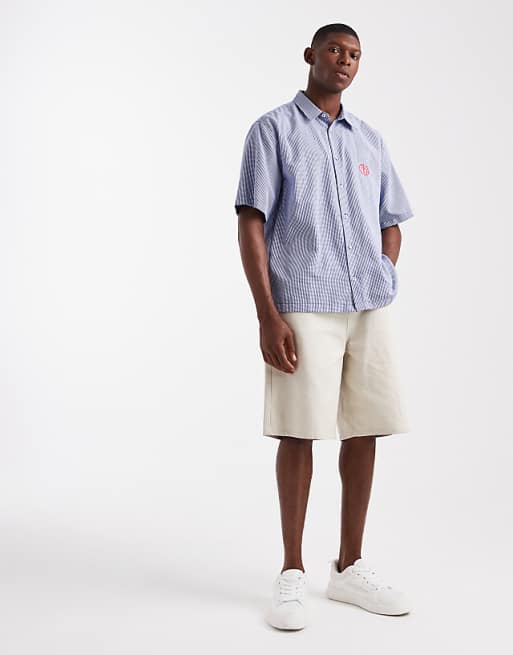 ASOS DESIGN Relaxed Check Shirt With Chest Embroidery In Blue