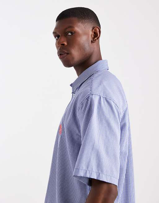 ASOS DESIGN Relaxed Check Shirt With Chest Embroidery In Blue