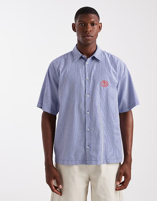 ASOS DESIGN relaxed check shirt with chest embroidery in blue