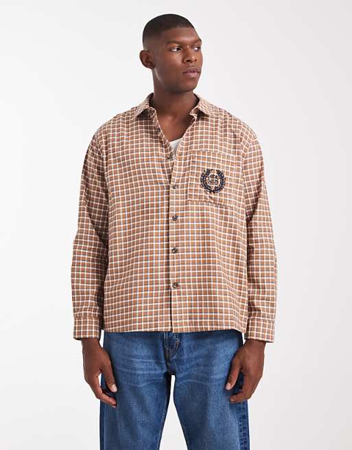 ASOS DESIGN relaxed check shirt with chest embroidery in brown