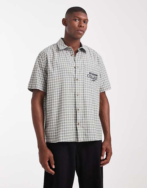 ASOS DESIGN relaxed checked shirt with chest embroidery in green